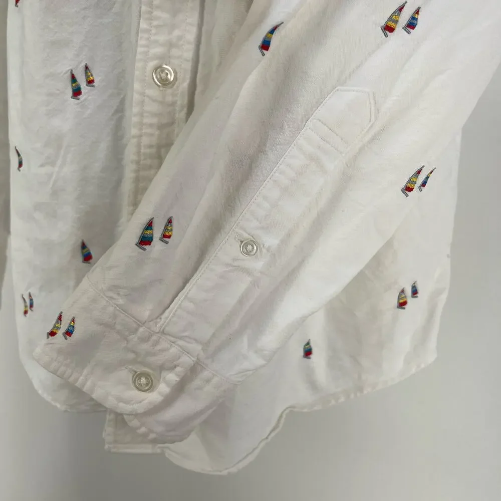 J. Crew Oxford White Embroidered Sailboat Button Down Slim Shirt Cotton